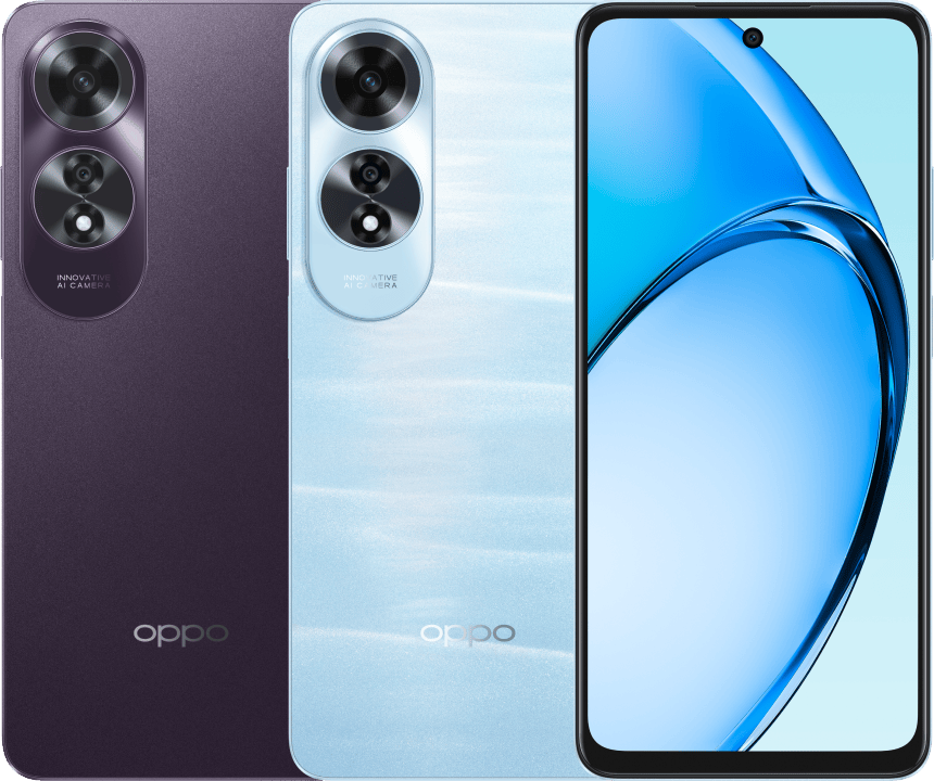 OPPO A60 official studio image - Ripple Blue and Midnight Purple - available in Kenya at trewrld