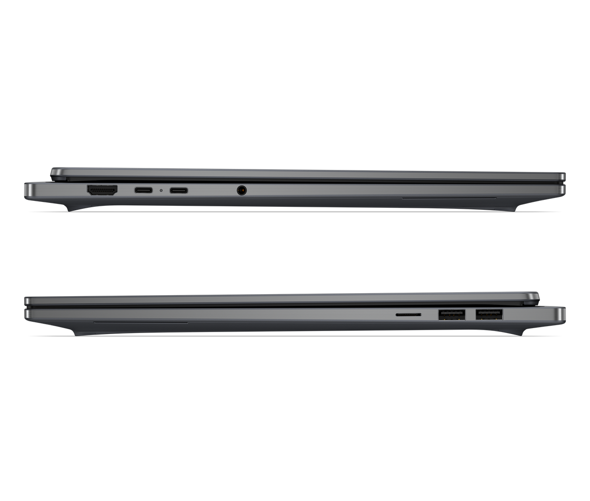 HP OmniBook Ultra 16 in Eclipse Grey, stacked profile showing thin chassis, official HP product photo