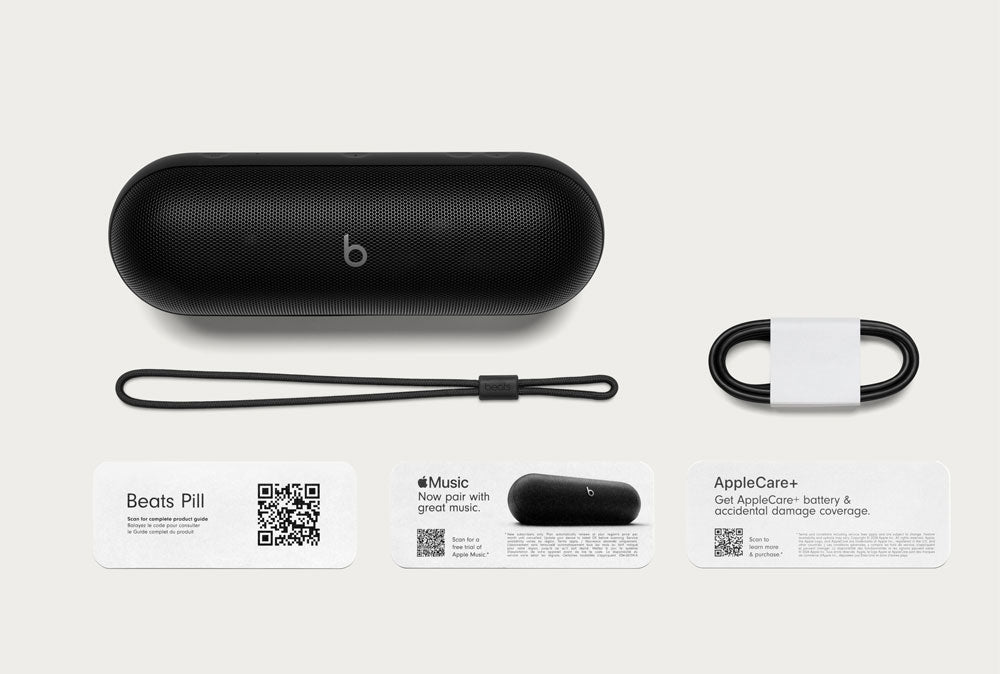 Beats Pill speaker with included accessories and box contents