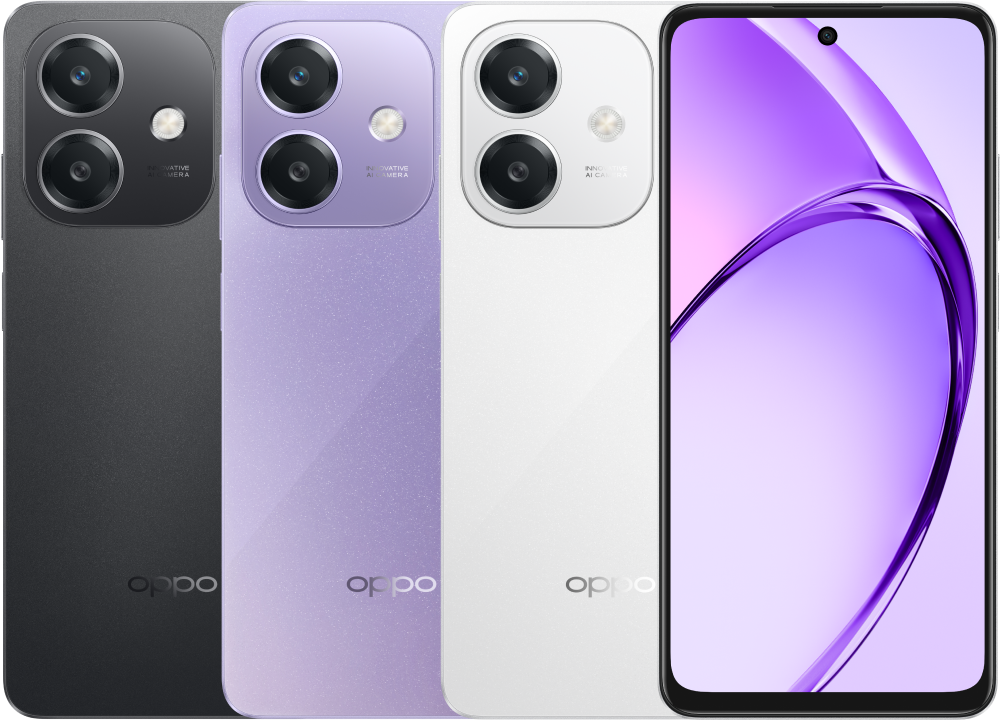 OPPO A3 shown in Sparkle Black, Starry Purple, and Starlight White colourways