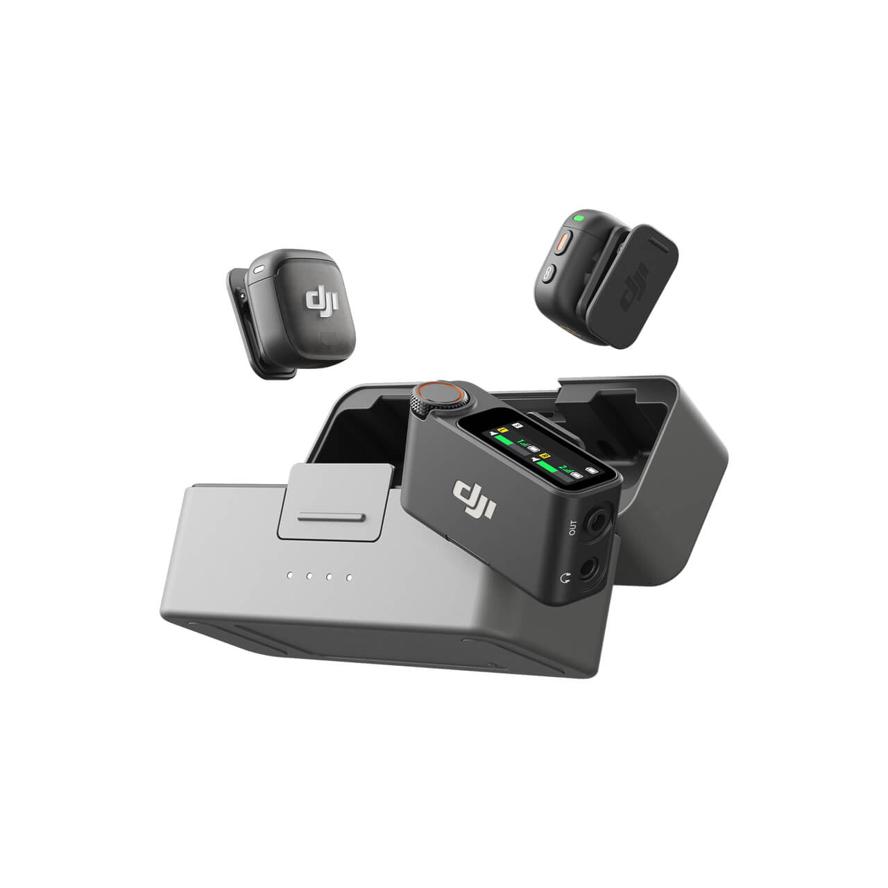 DJI Mic 3 transmitter with magnetic clip and windscreen accessories