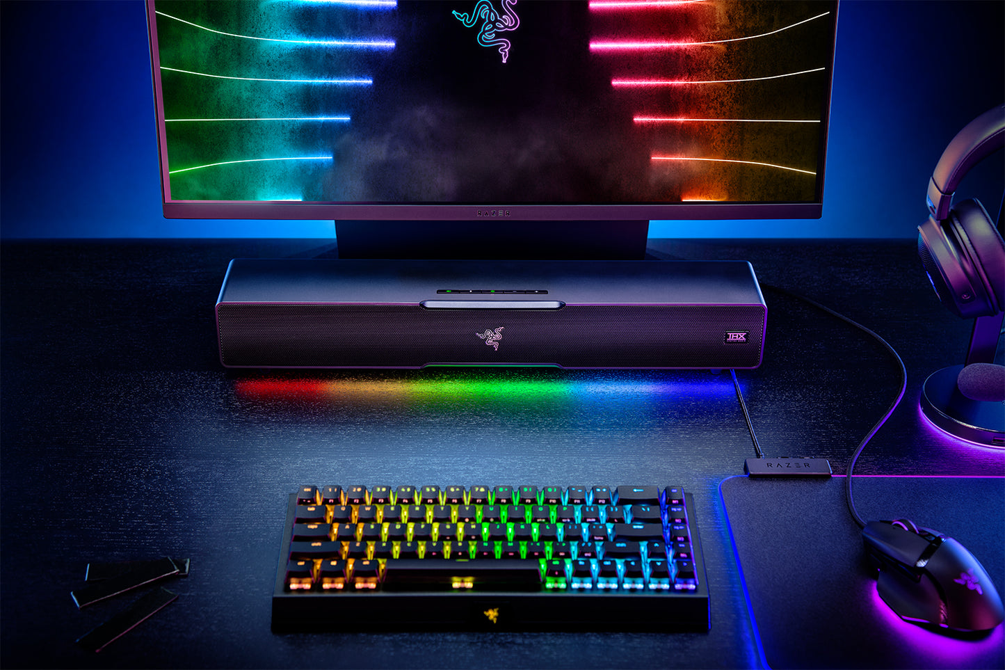 Razer Leviathan V2 soundbar close-up showing Chroma RGB lighting