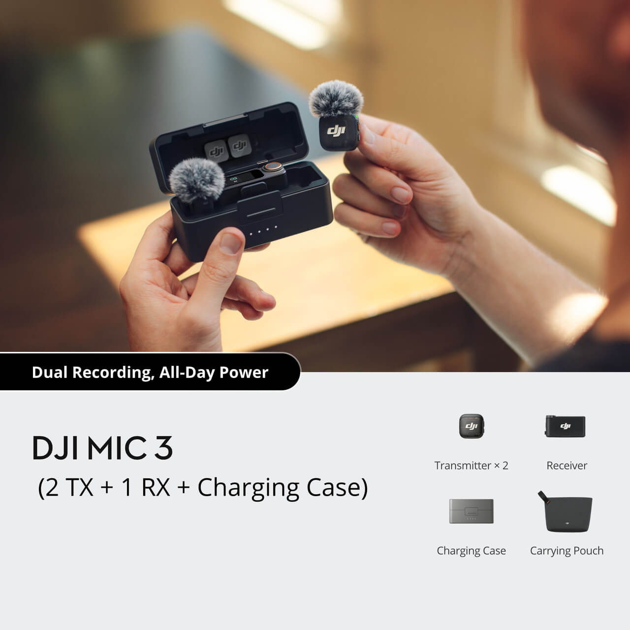 DJI Mic 3 transmitter clipped to shirt collar