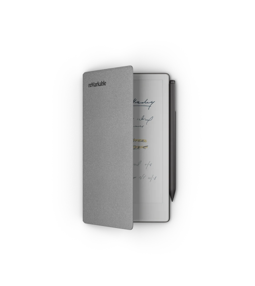 reMarkable Paper Pro Move tablet with Marker Plus resting on the display