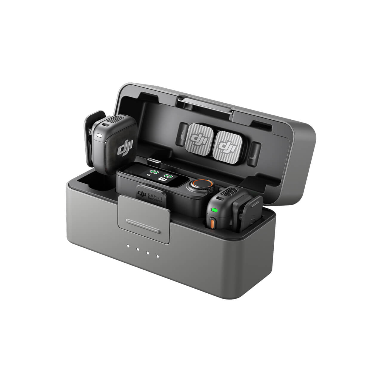 DJI Mic 3 charging case open showing transmitters and receiver