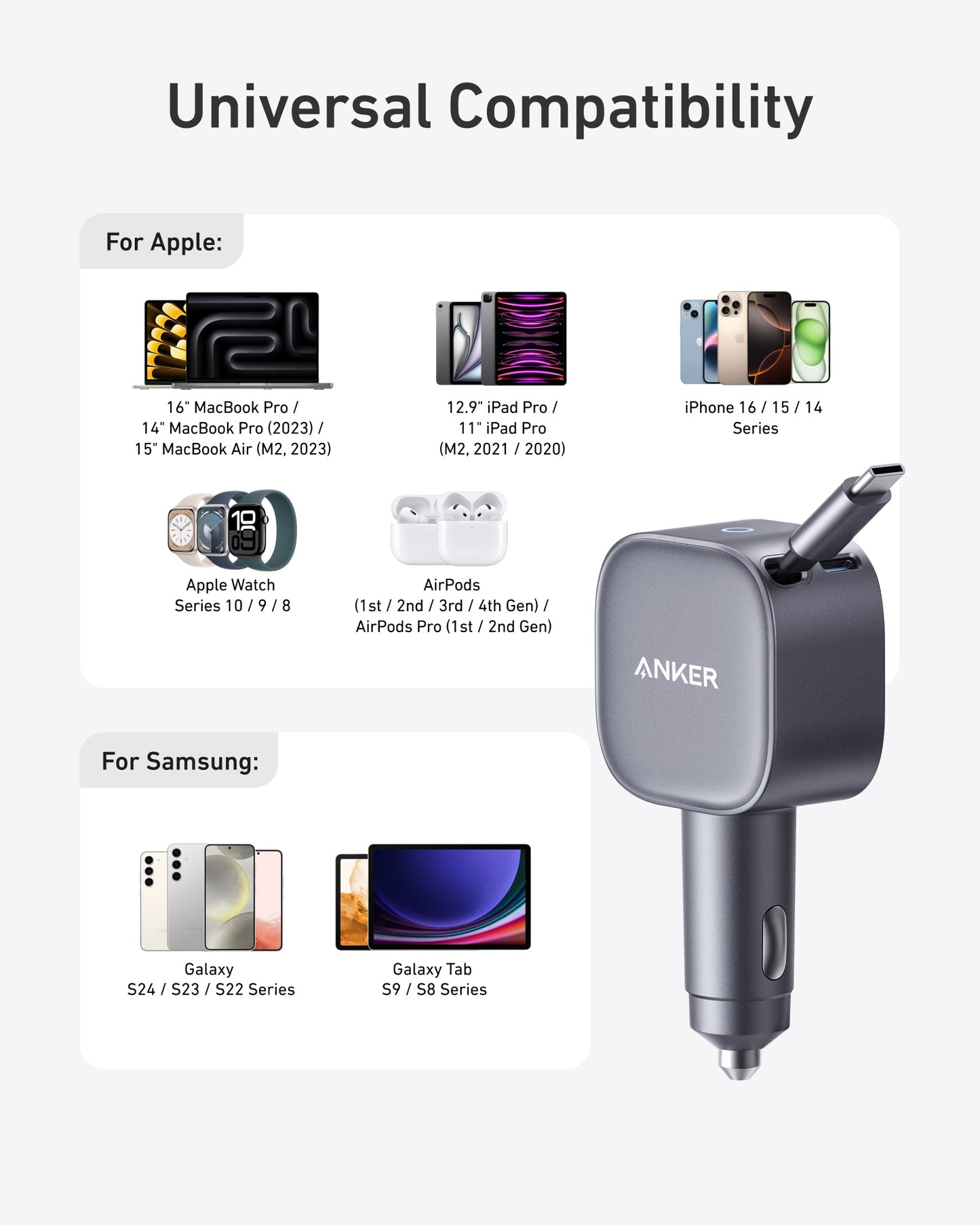 Anker Nano 75W Car Charger compatible with Apple and Samsung devices