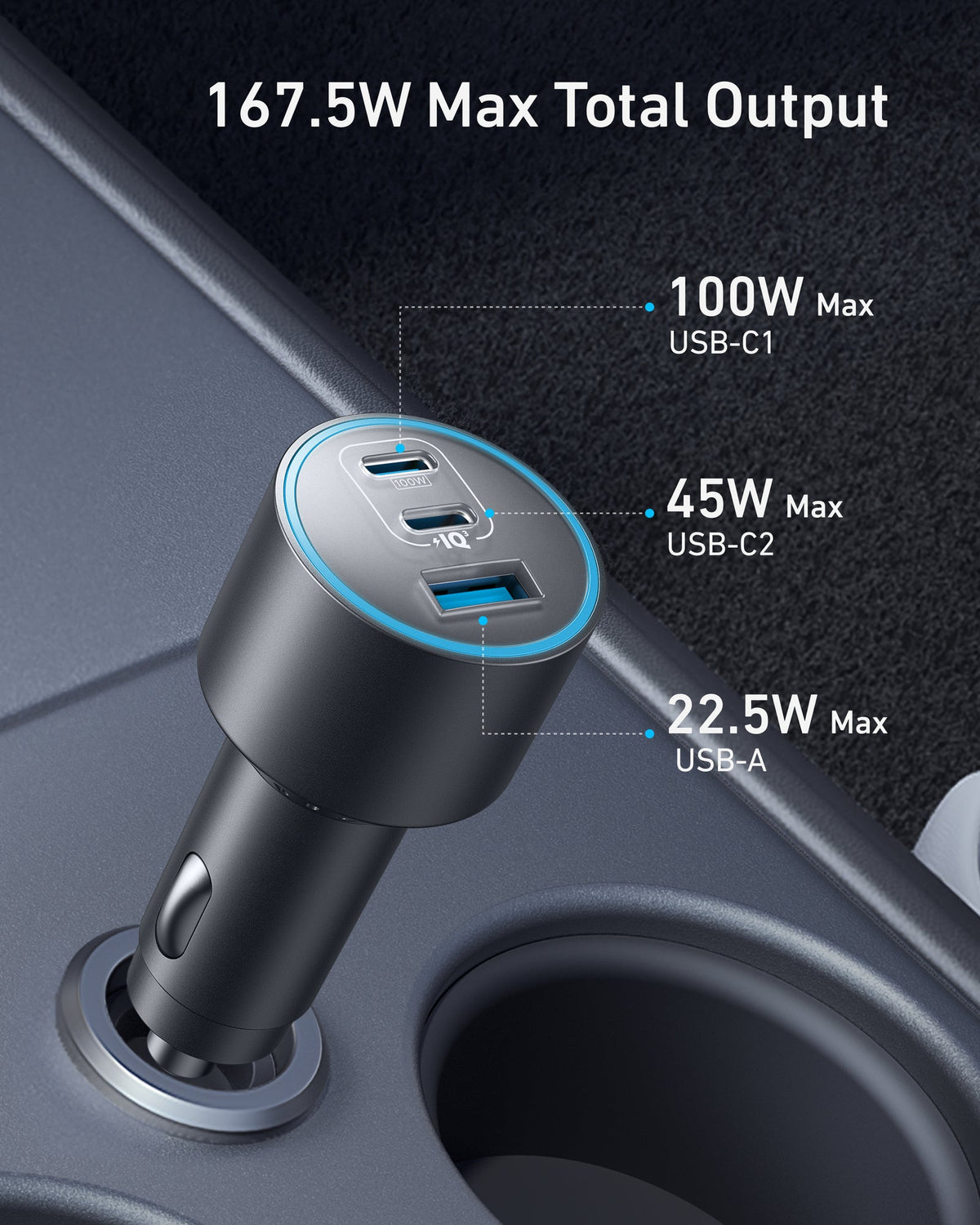 Anker Nano Car Charger 167.5W - three ports for 167.5W total output