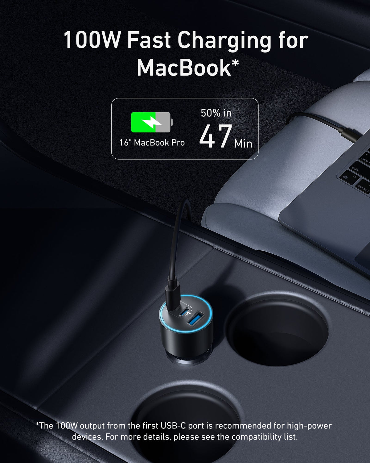 Anker Nano Car Charger 167.5W - 100W USB-C1 port charging a MacBook