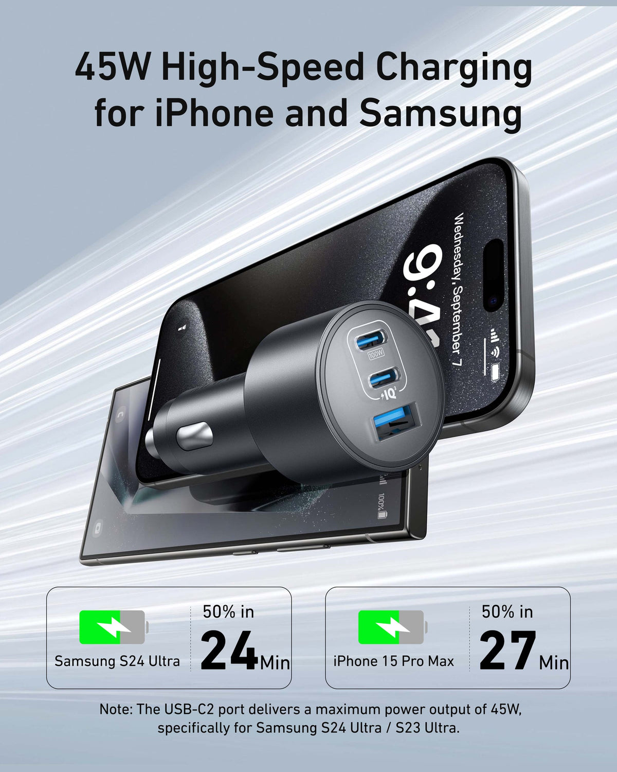 Anker Nano Car Charger 167.5W - 45W USB-C2 port charging Samsung S24 Ultra