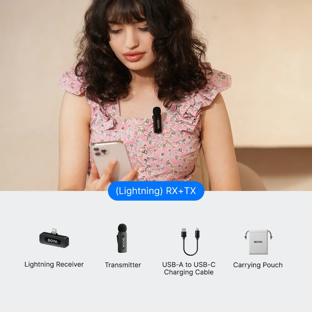 BOYA BY-V wireless lavalier transmitter clipped onto clothing