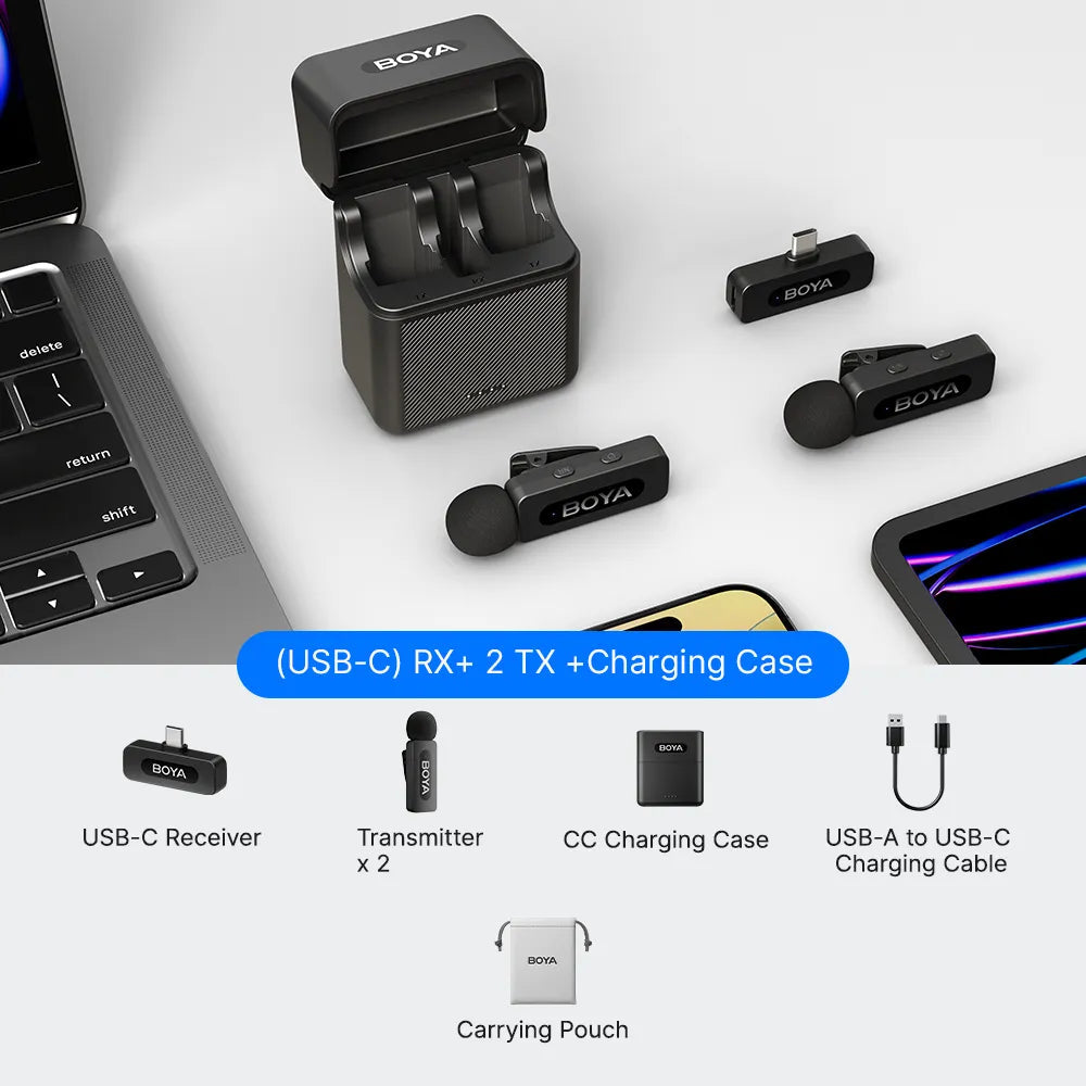 BOYA BY-V30 dual transmitter USB-C wireless microphone kit with charging case