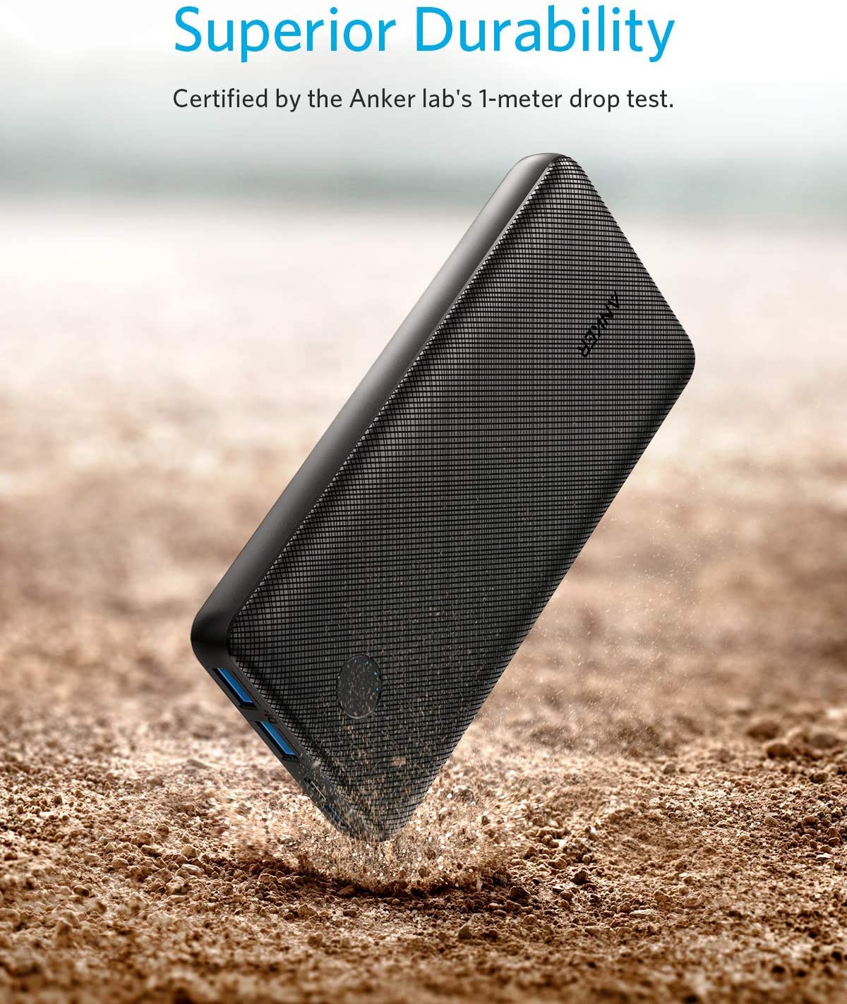 Anker 325 Power Bank PowerCore 20K in Black - angled view showing dual USB-A ports