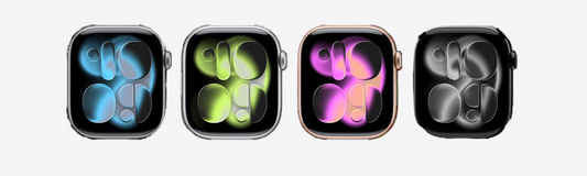 Four different colored smartwatches displayed side by side on a white background