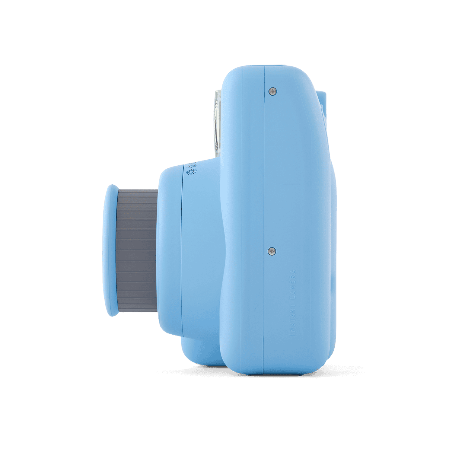 Fujifilm Instax Mini SE instant camera in Blue, right side view showing lens
