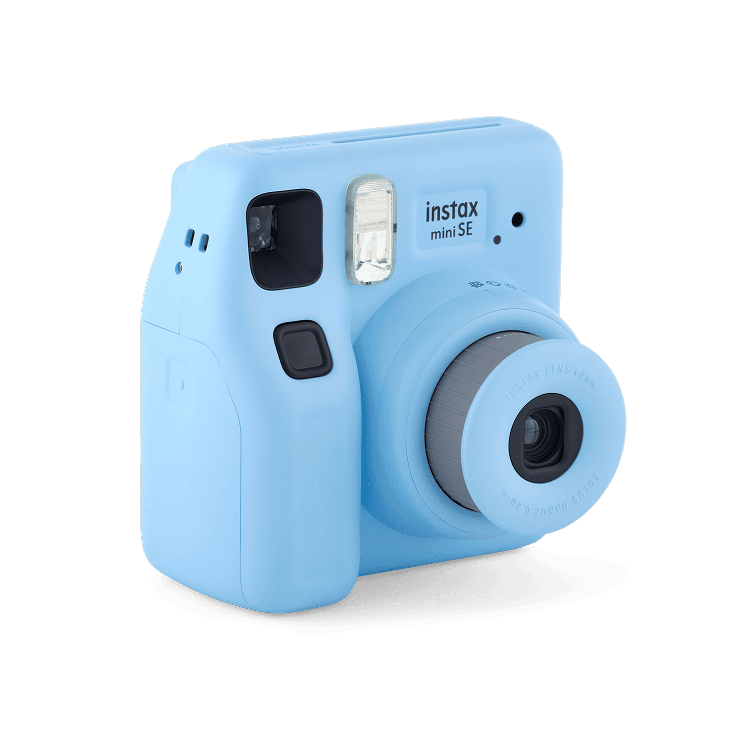 Fujifilm Instax Mini SE instant camera in Blue, three-quarter left angle