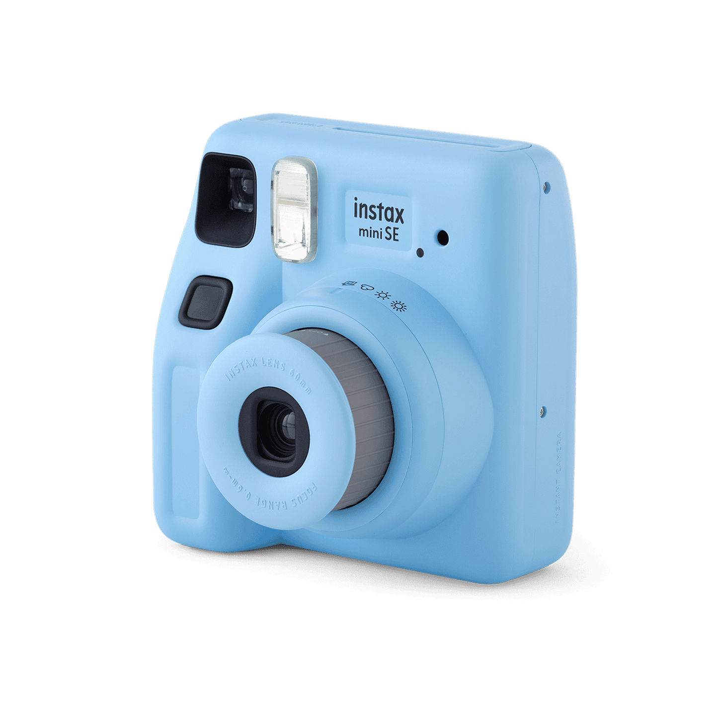 Fujifilm Instax Mini SE instant camera in Blue, three-quarter right angle
