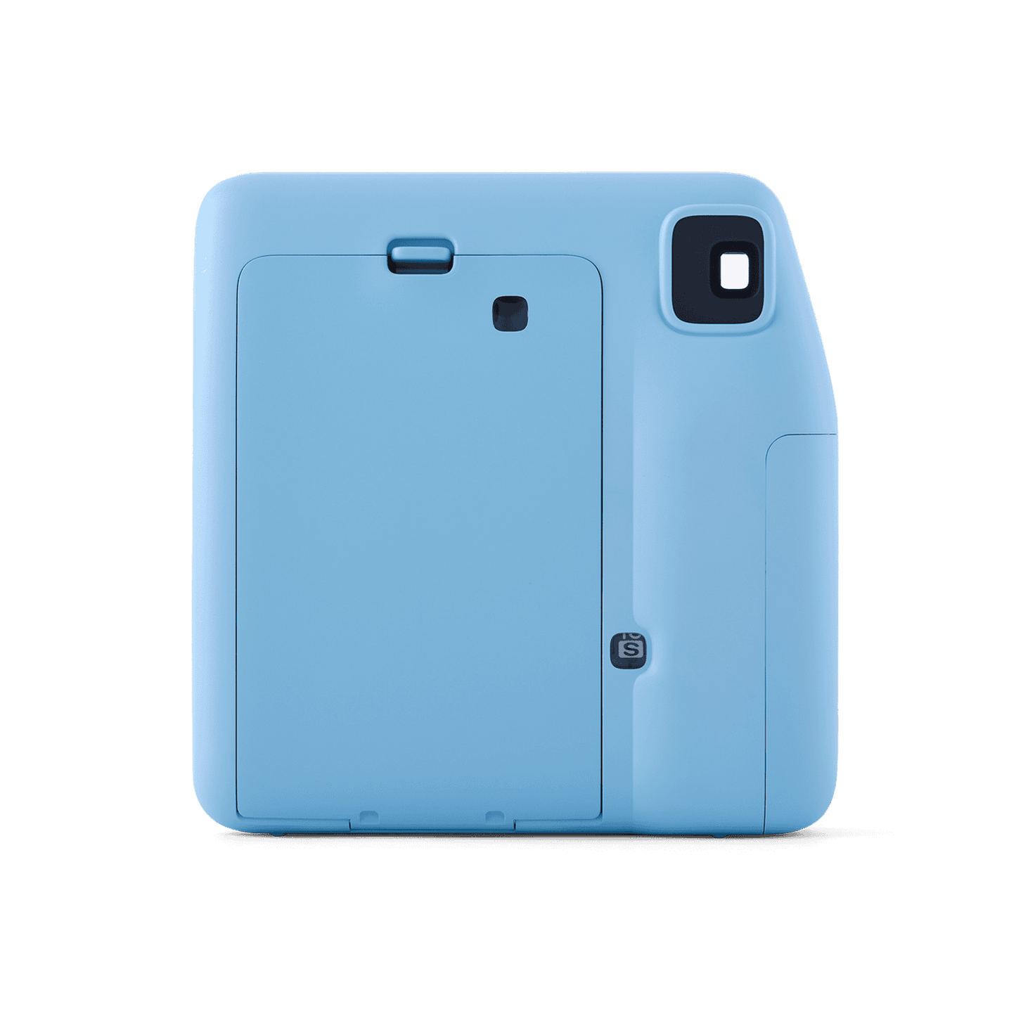 Fujifilm Instax Mini SE instant camera in Blue, back view showing viewfinder