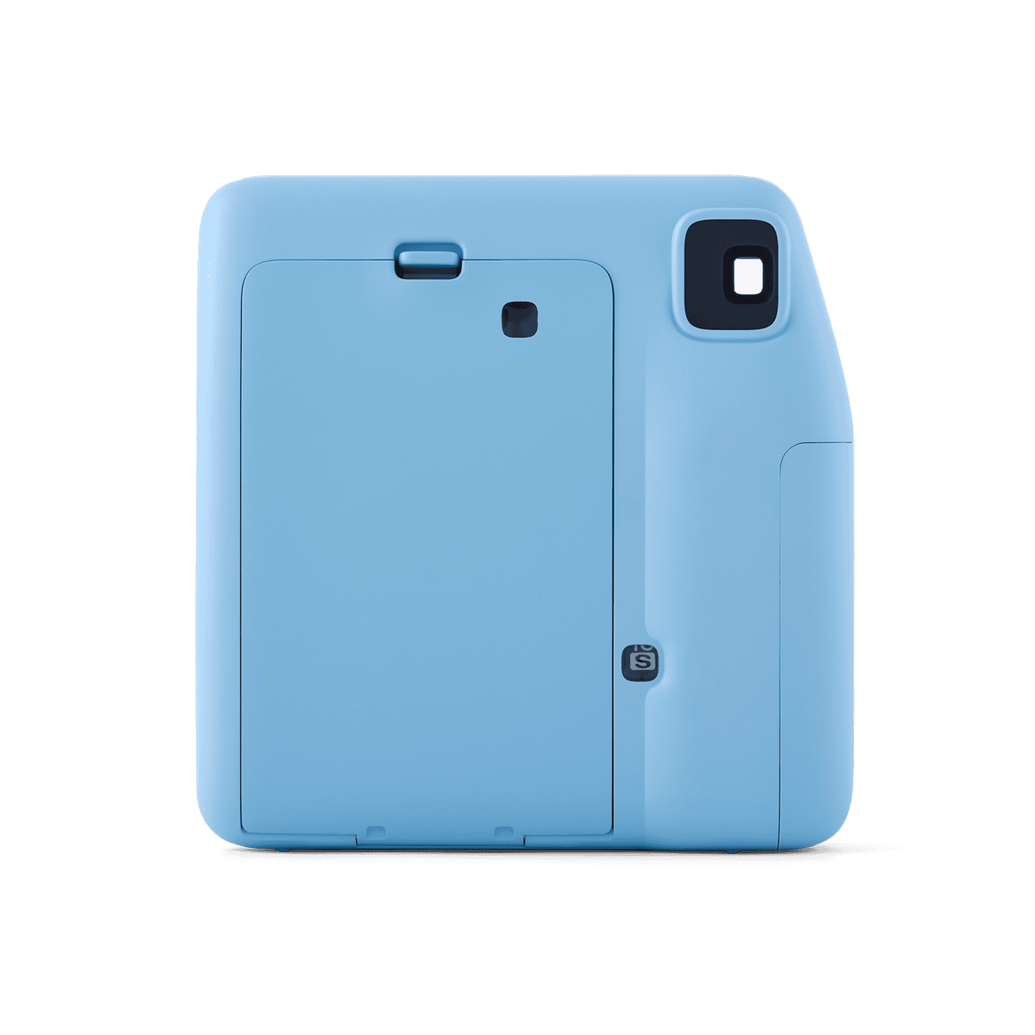 Fujifilm Instax Mini SE instant camera in Blue, back view showing viewfinder