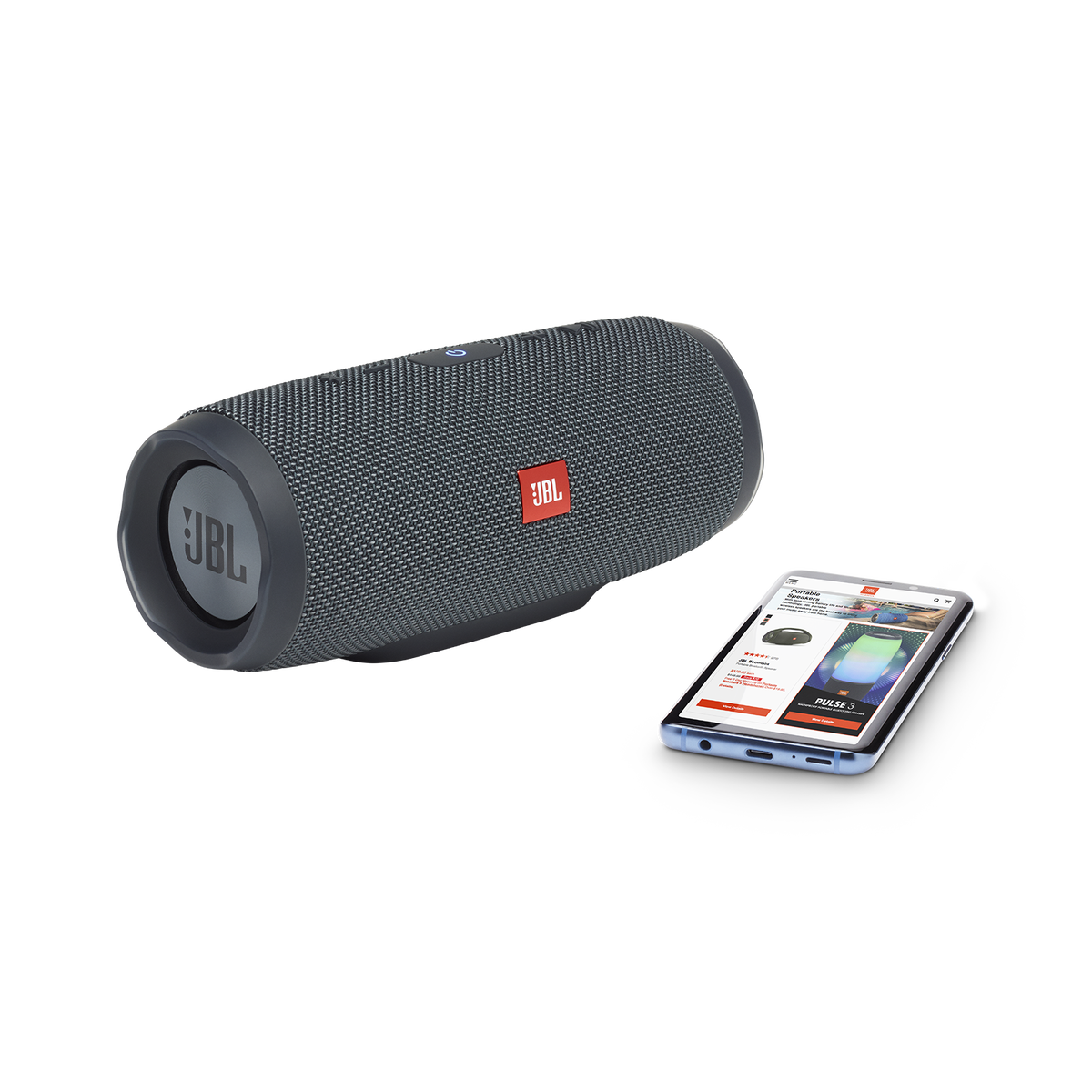 JBL Charge Essential portable Bluetooth speaker in gun metal - hero shot