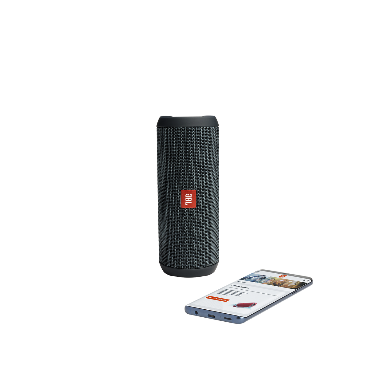 JBL Flip Essential - Gun Metal - detail with phone