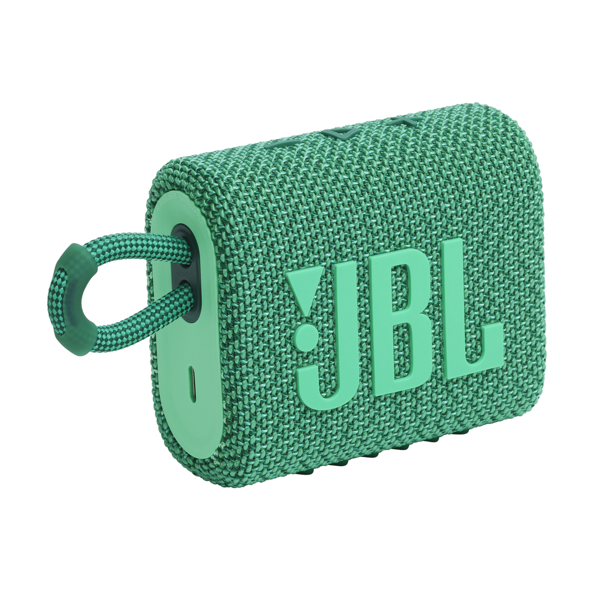 JBL Go 3 Eco ultra-portable speaker in green, made from recycled plastic - hero shot