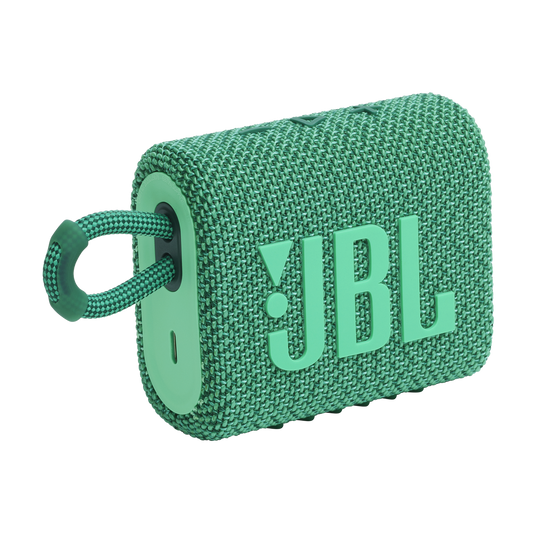 JBL Go 3 Eco ultra-portable speaker in green, made from recycled plastic - hero shot