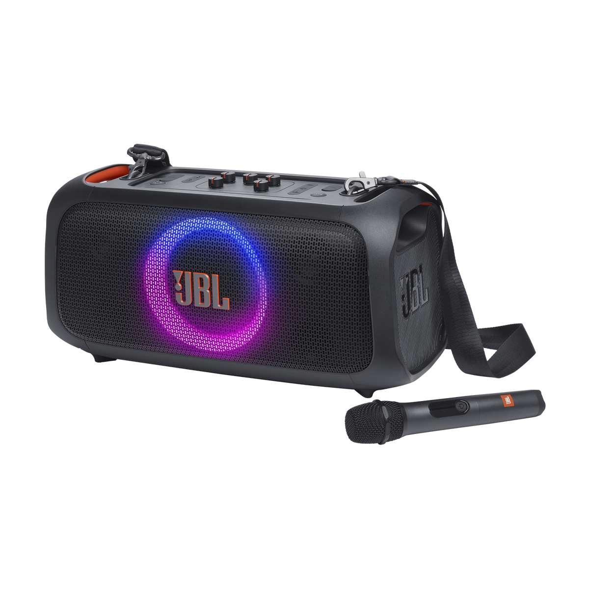 JBL PartyBox On-the-Go Essential portable party speaker - Black - hero view with wireless mic