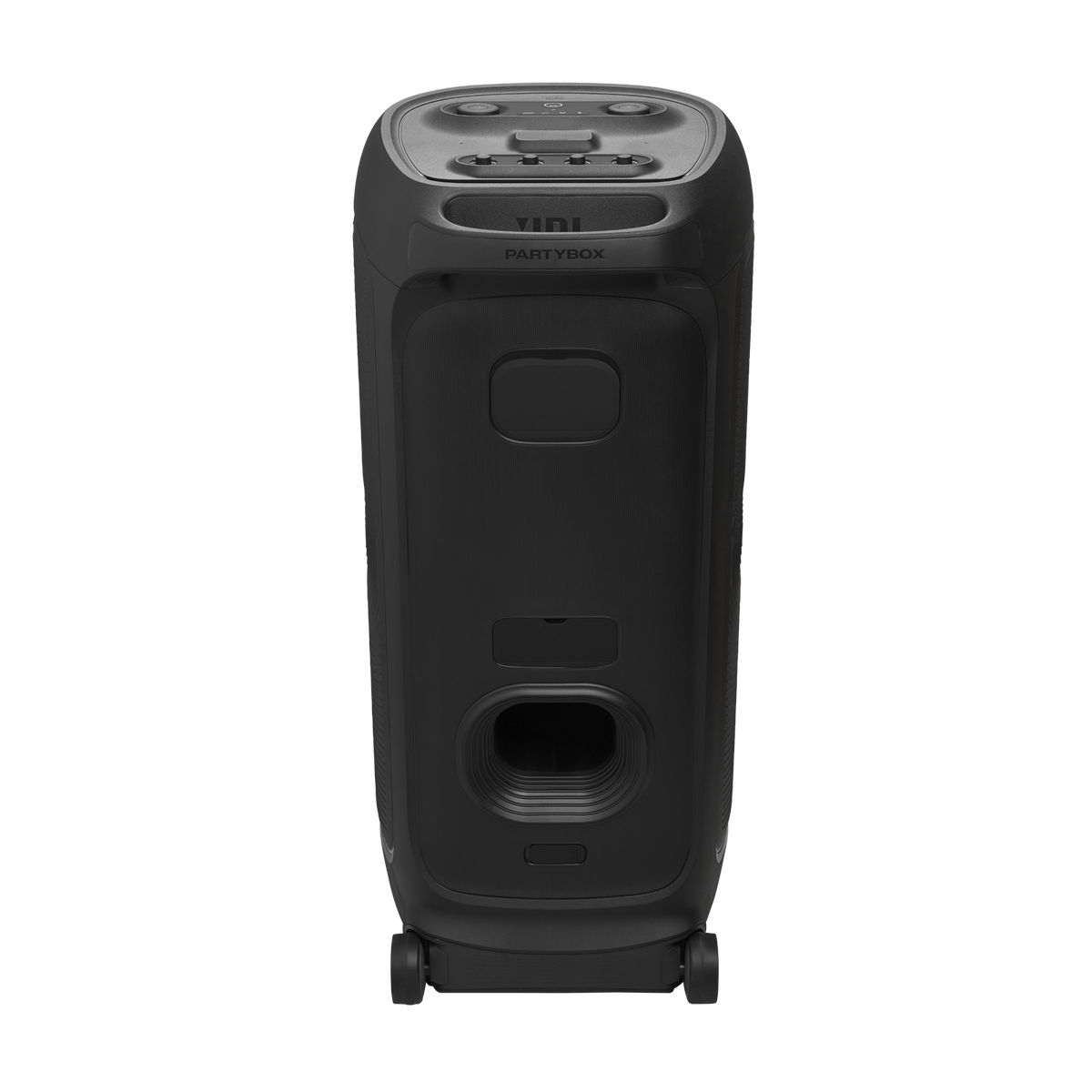 JBL PartyBox Ultimate rear view showing control panel and wheels