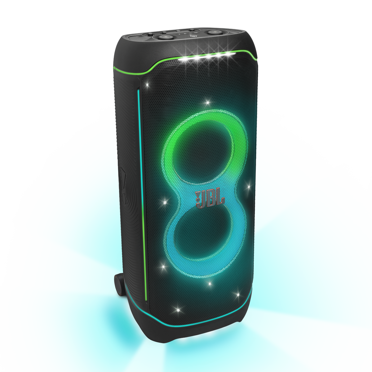 JBL PartyBox Ultimate black party speaker - front hero view with lightshow
