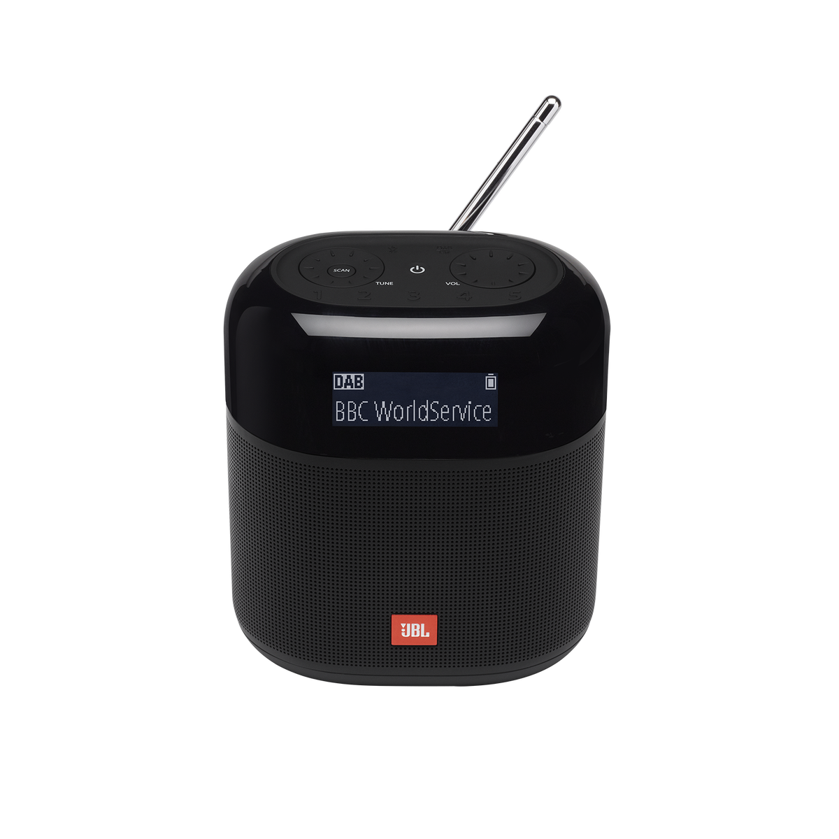 JBL Tuner XL front view showing LCD display and preset buttons