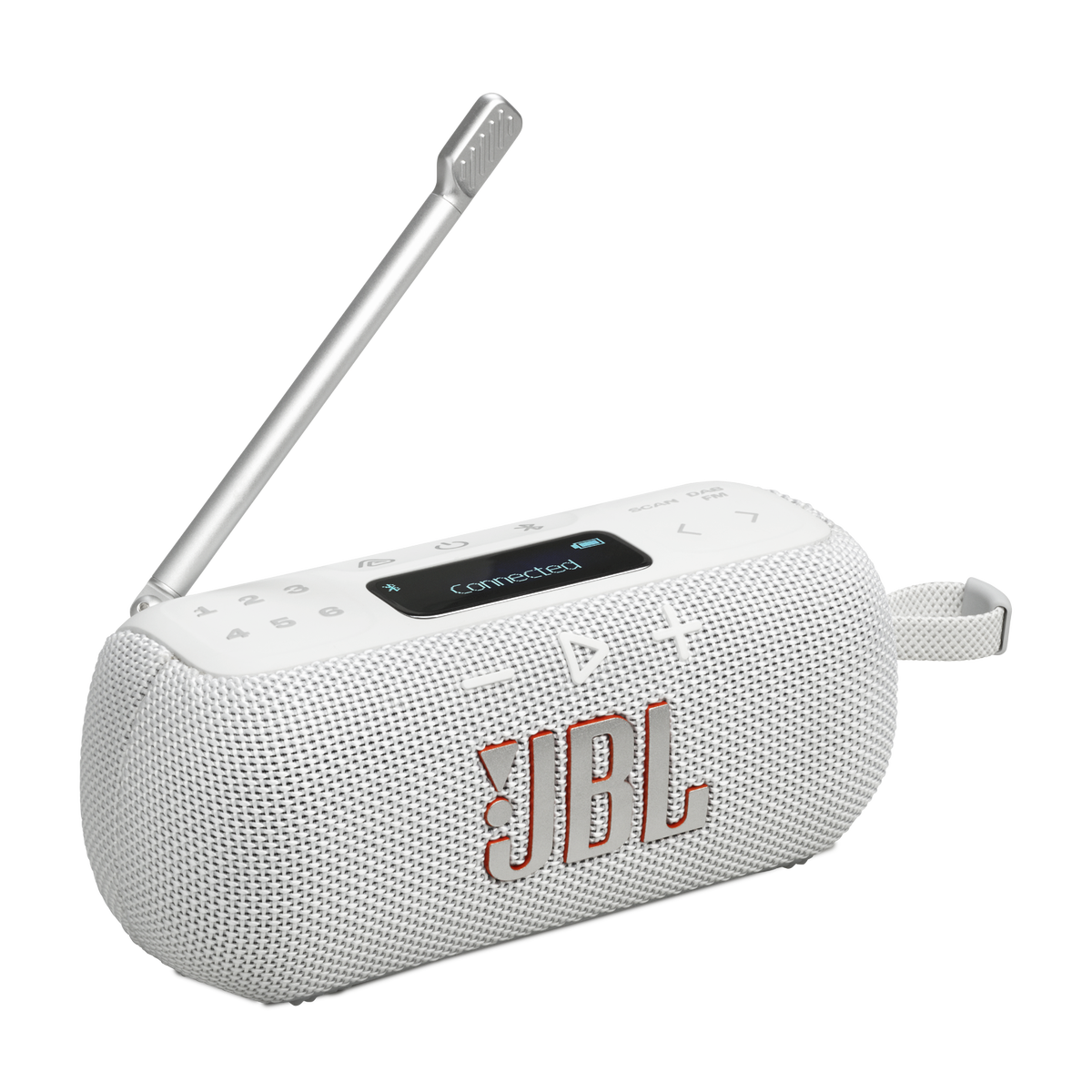 JBL Tuner 3 portable DAB/DAB+/FM radio Bluetooth speaker in white, hero view