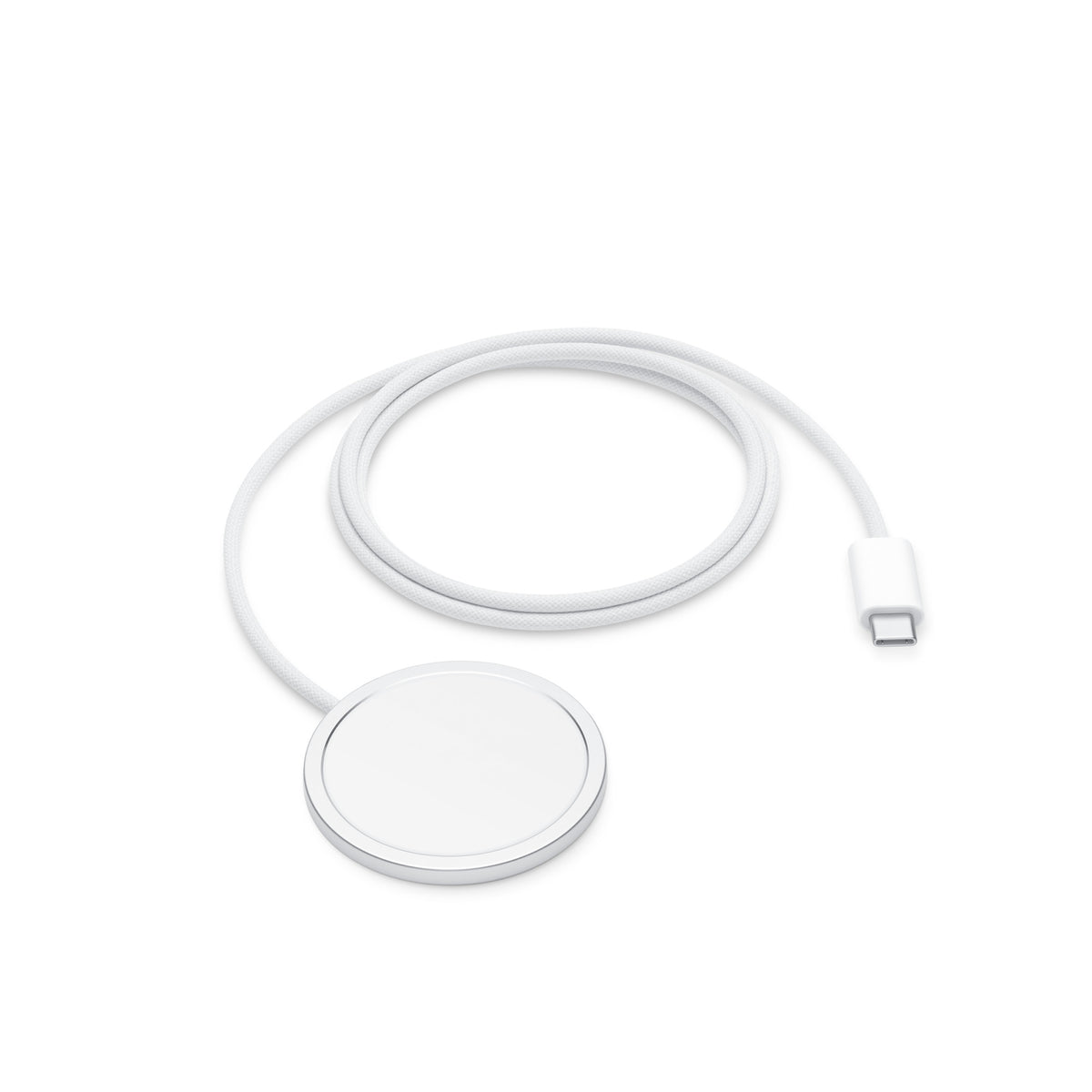 Apple MagSafe Charger coiled white woven cable with MagSafe and USB-C connectors