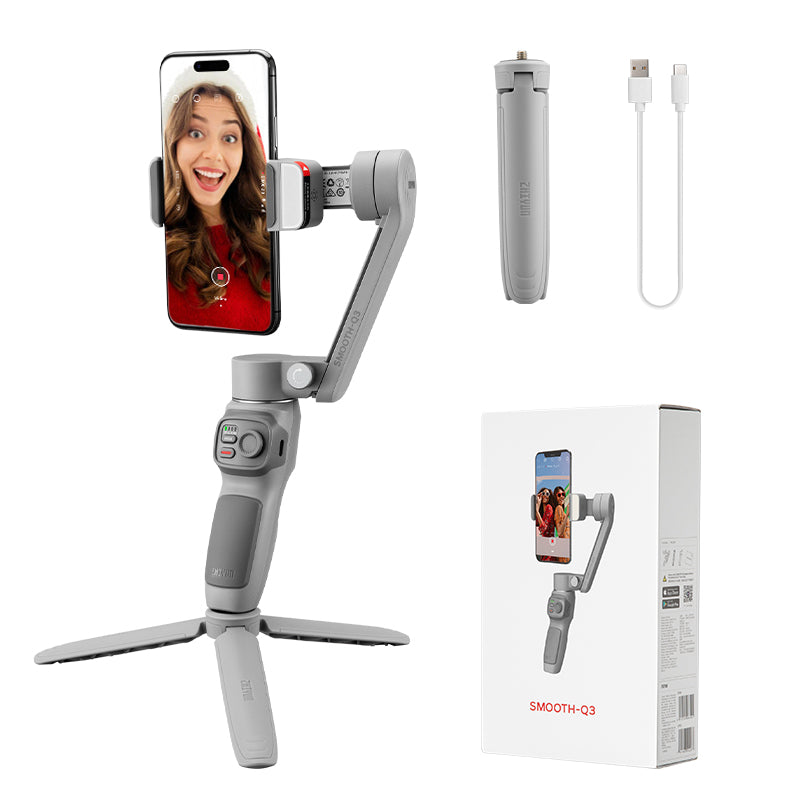 ZHIYUN Smooth Q3 gimbal with smartphone mounted showing fill light and grip