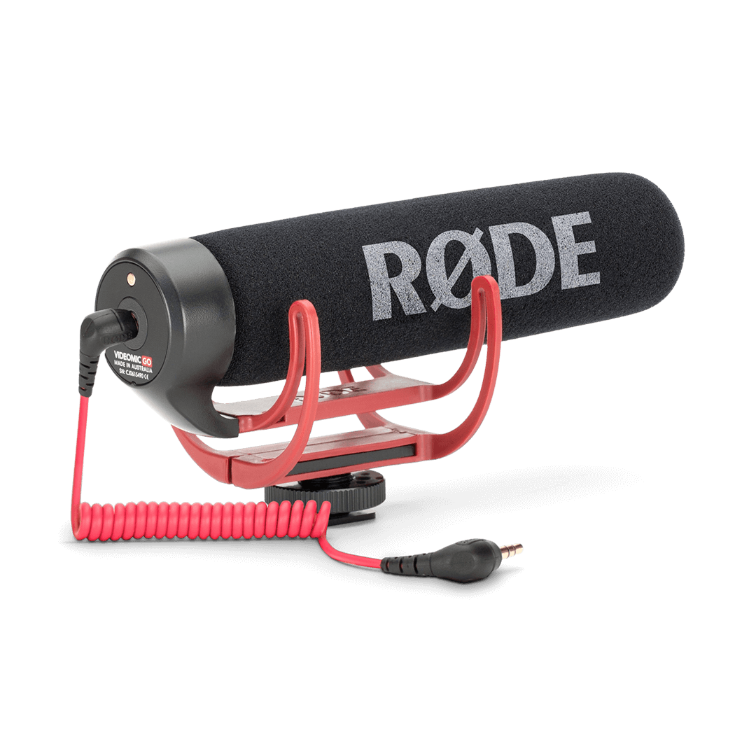 Rode VideoMic GO showing rear cable and cold-shoe mount