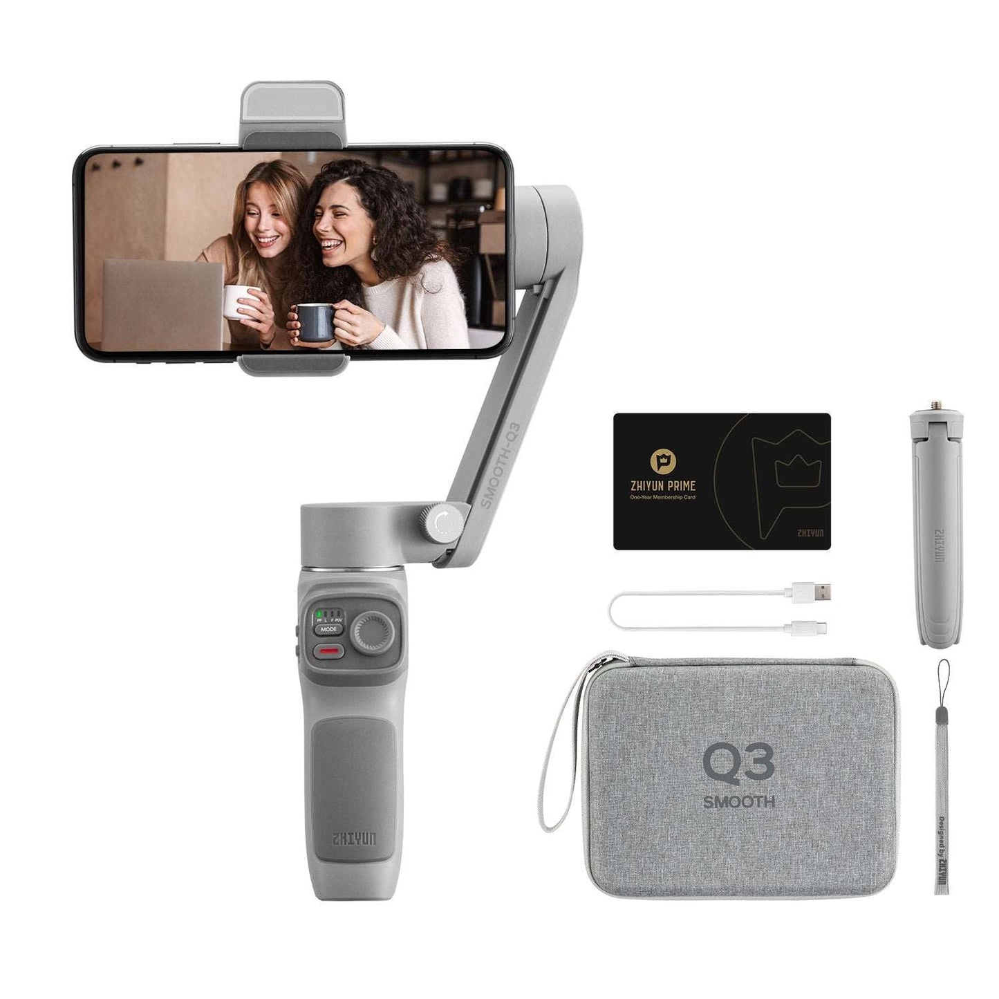 ZHIYUN Smooth Q3 Combo Kit with storage bag, tripod, wrist strap and gimbal