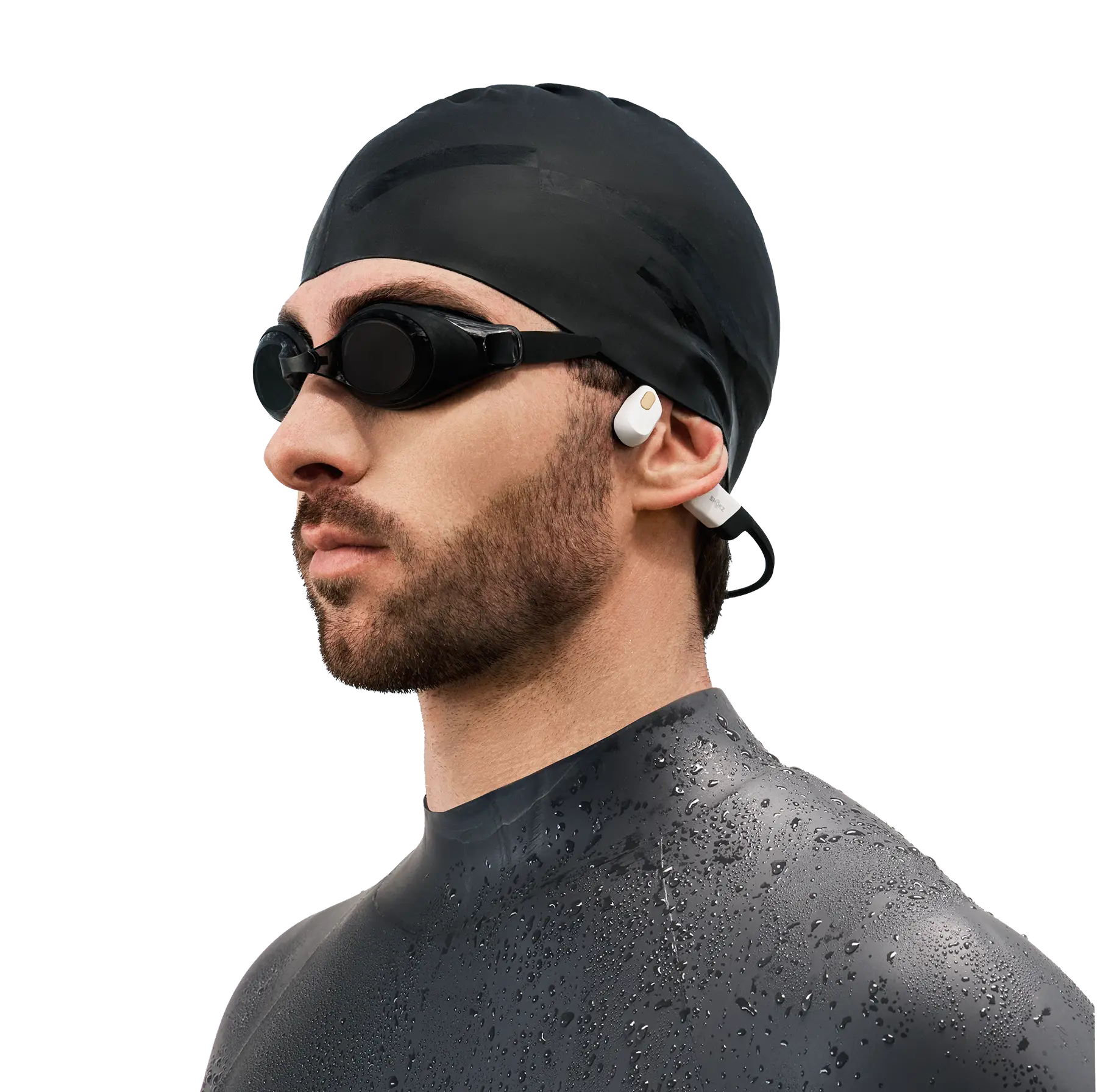 Shokz OpenSwim Pro in White worn for swimming