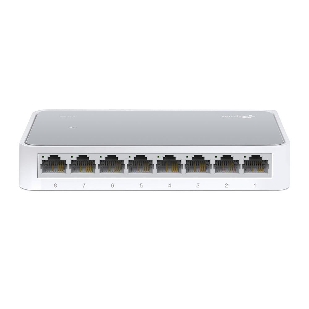 TP-Link TL-SF1008D 8-Port Desktop Switch, official product photo front angle