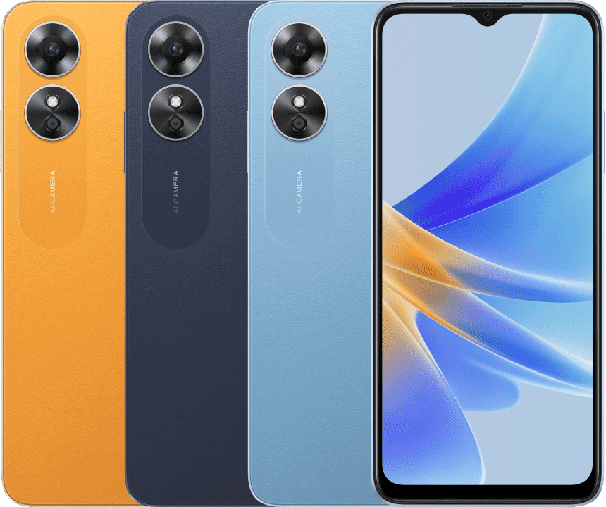 OPPO A17 official product image showing Sunlight Orange, Midnight Black, and Lake Blue colour options