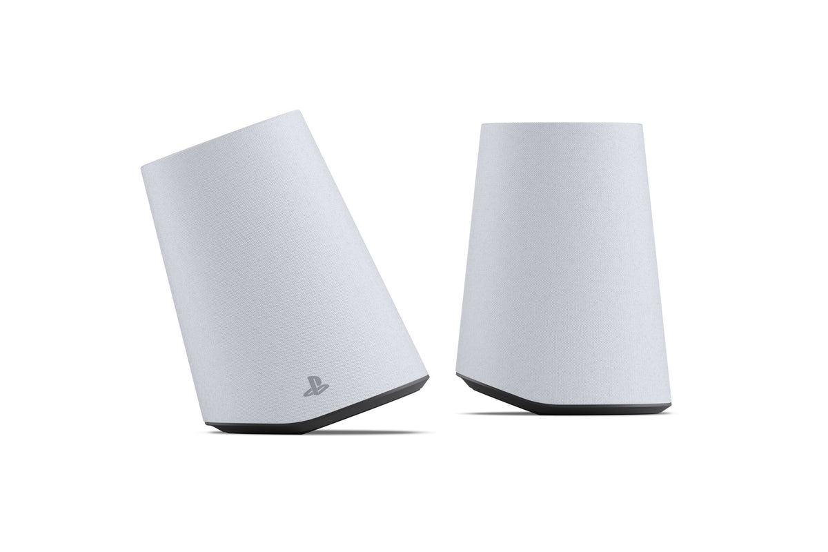Sony PULSE Elevate wireless speakers on desktop charging docks, official Sony image