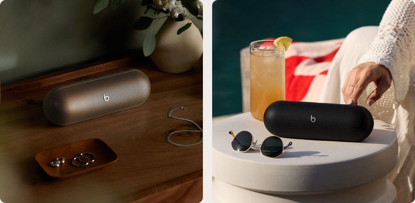 Beats Pill speaker shown on table in Statement Red