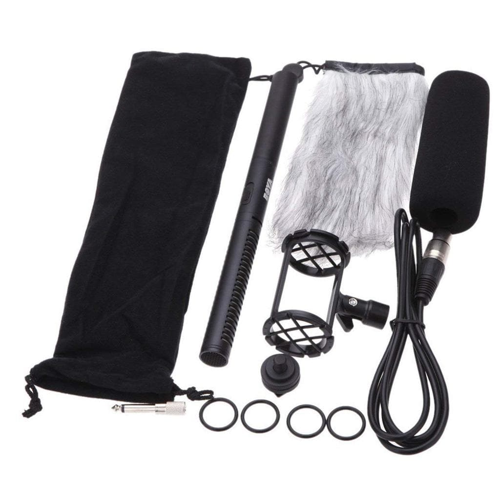BOYA BY-PVM1000 shotgun microphone mounted on camera hot shoe