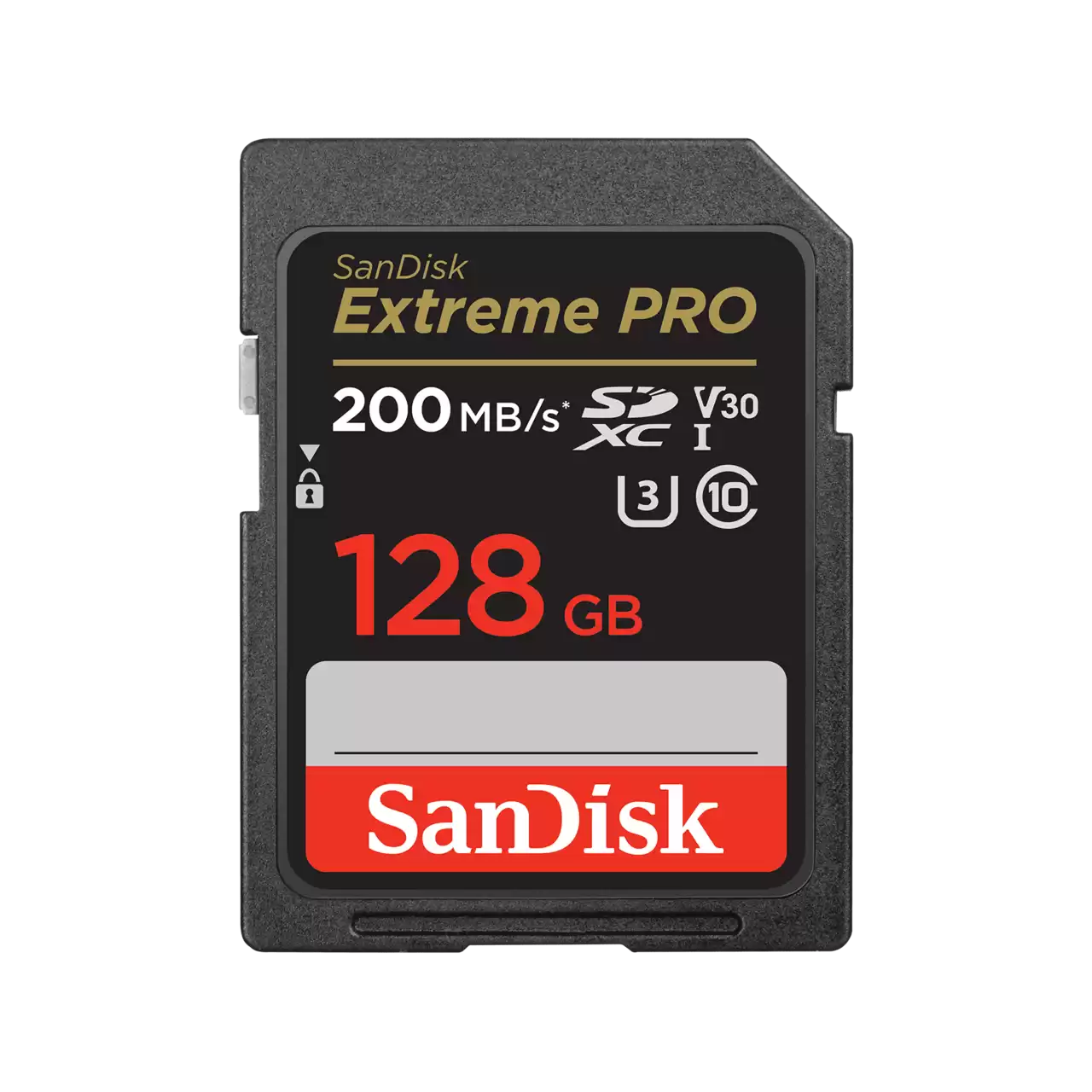 SanDisk Extreme PRO SDXC UHS-I 128GB memory card, front view - official SanDisk product image