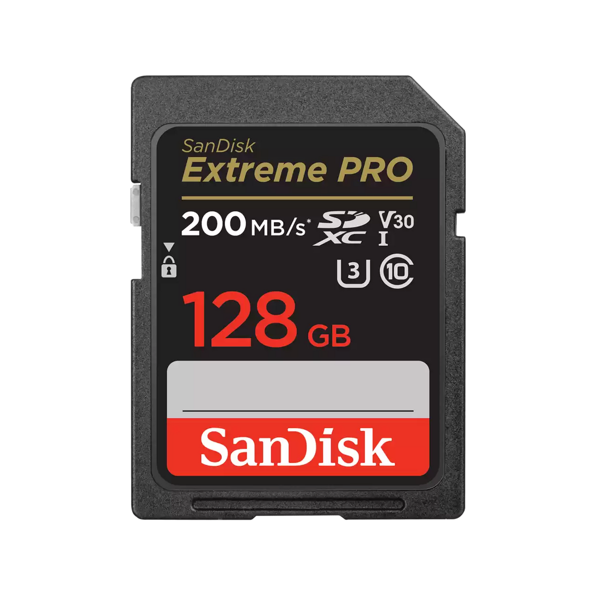 SanDisk Extreme PRO SDXC UHS-I 128GB memory card, front view - official SanDisk product image