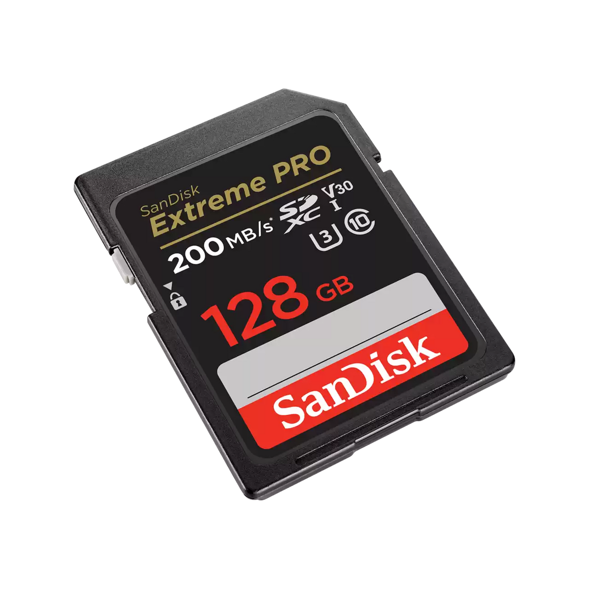 SanDisk Extreme PRO SDXC UHS-I 128GB memory card, angled left view - official SanDisk product image