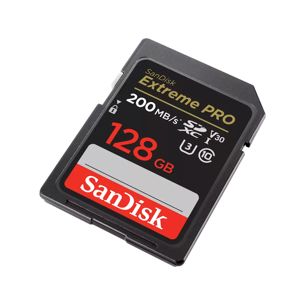 SanDisk Extreme PRO SDXC UHS-I 128GB memory card, angled right view - official SanDisk product image