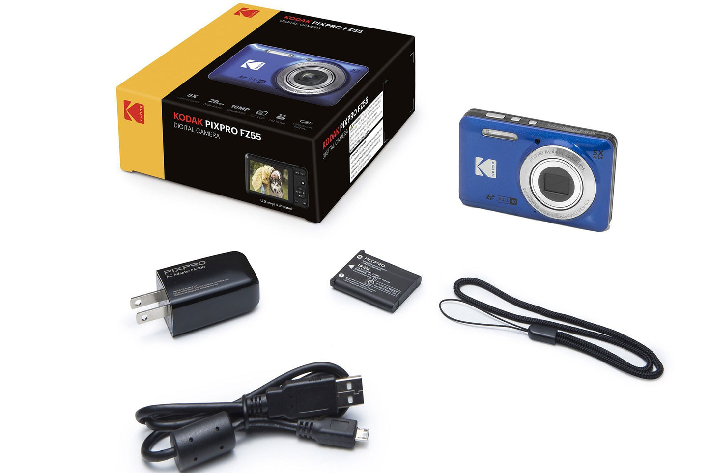 Kodak PixPro FZ55 digital camera in Blue, what's in the box contents