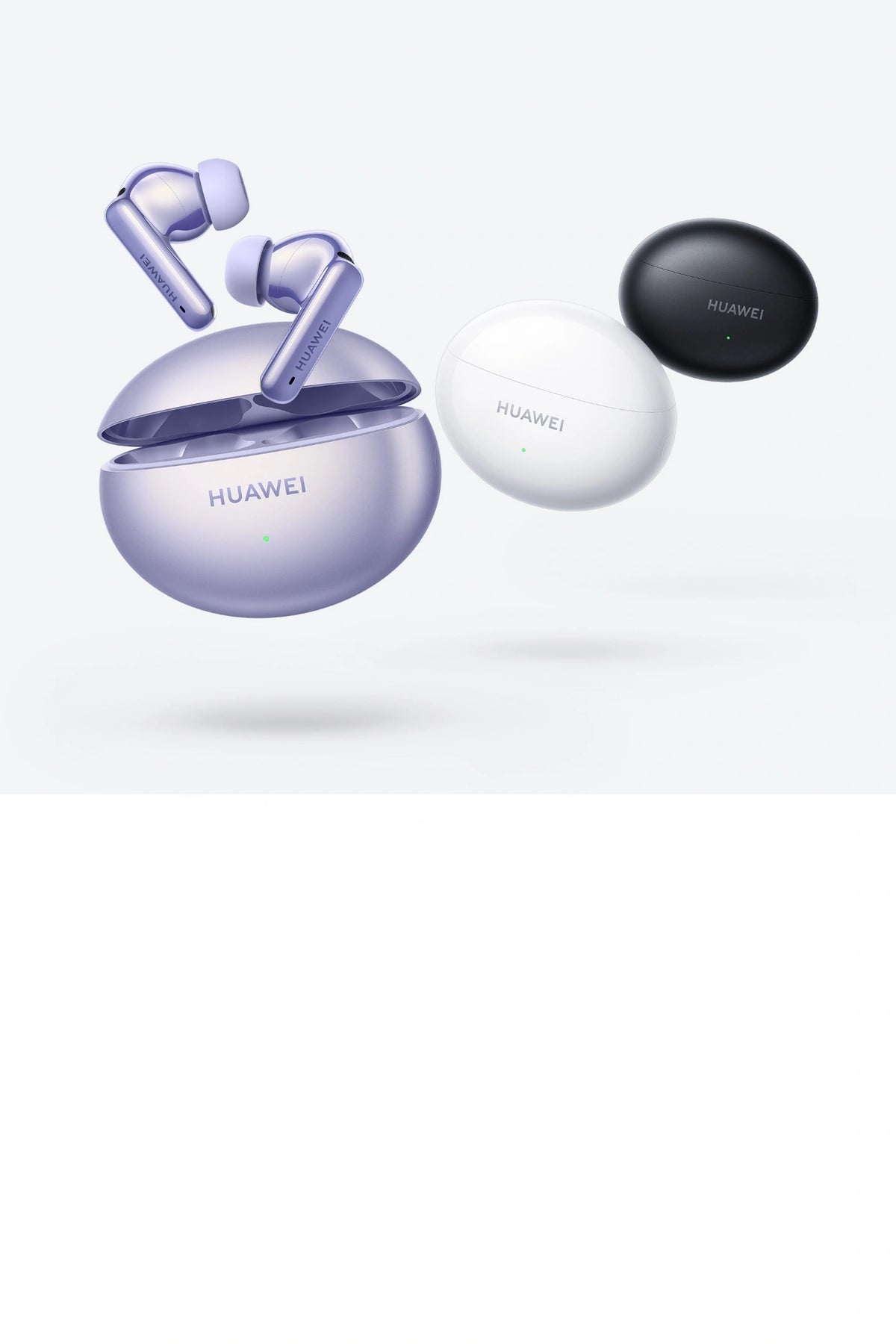 HUAWEI FreeBuds 6i earbuds and charging case shown in White, Purple and Black