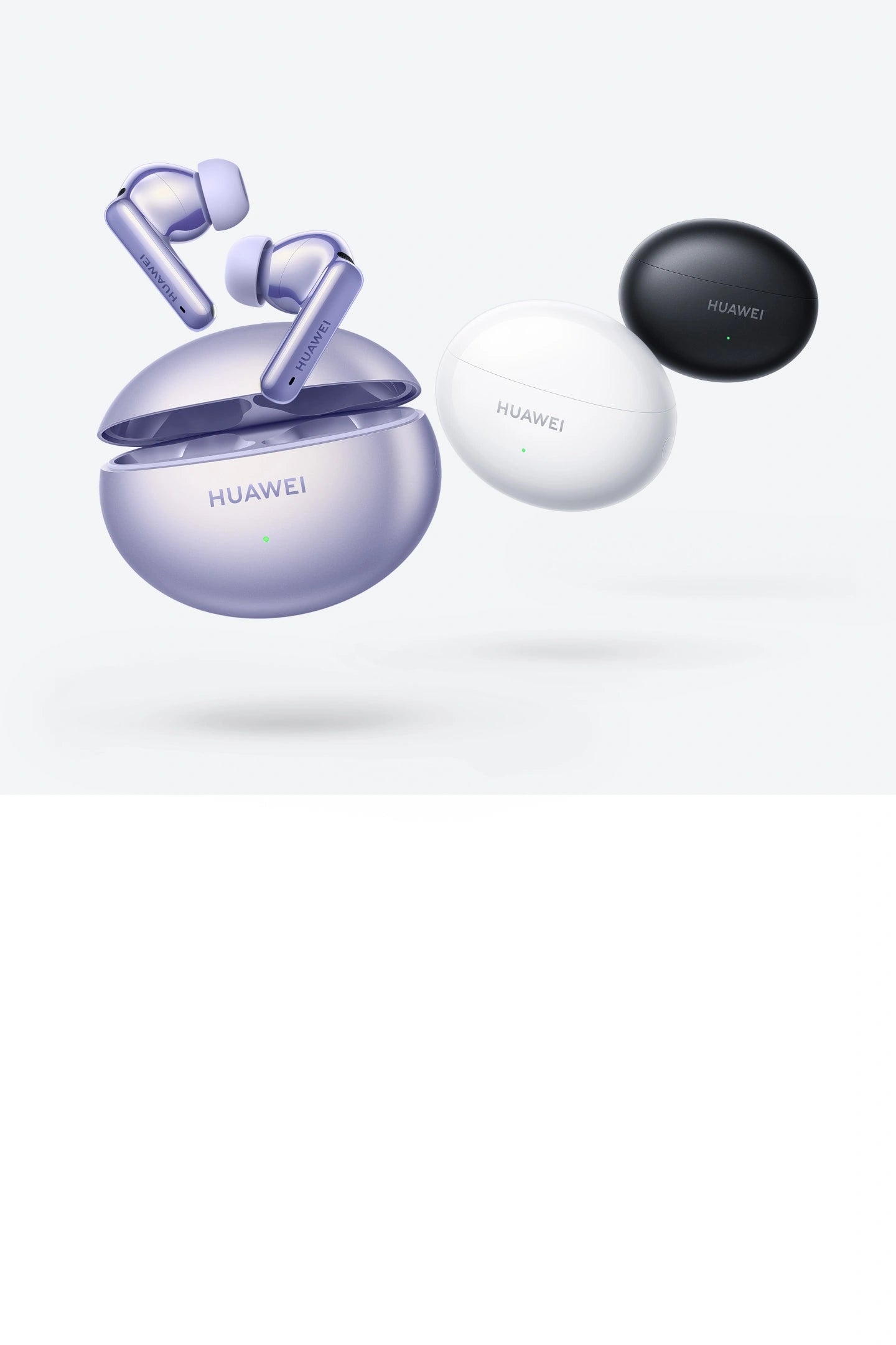 HUAWEI FreeBuds 6i earbuds and charging case shown in White, Purple and Black