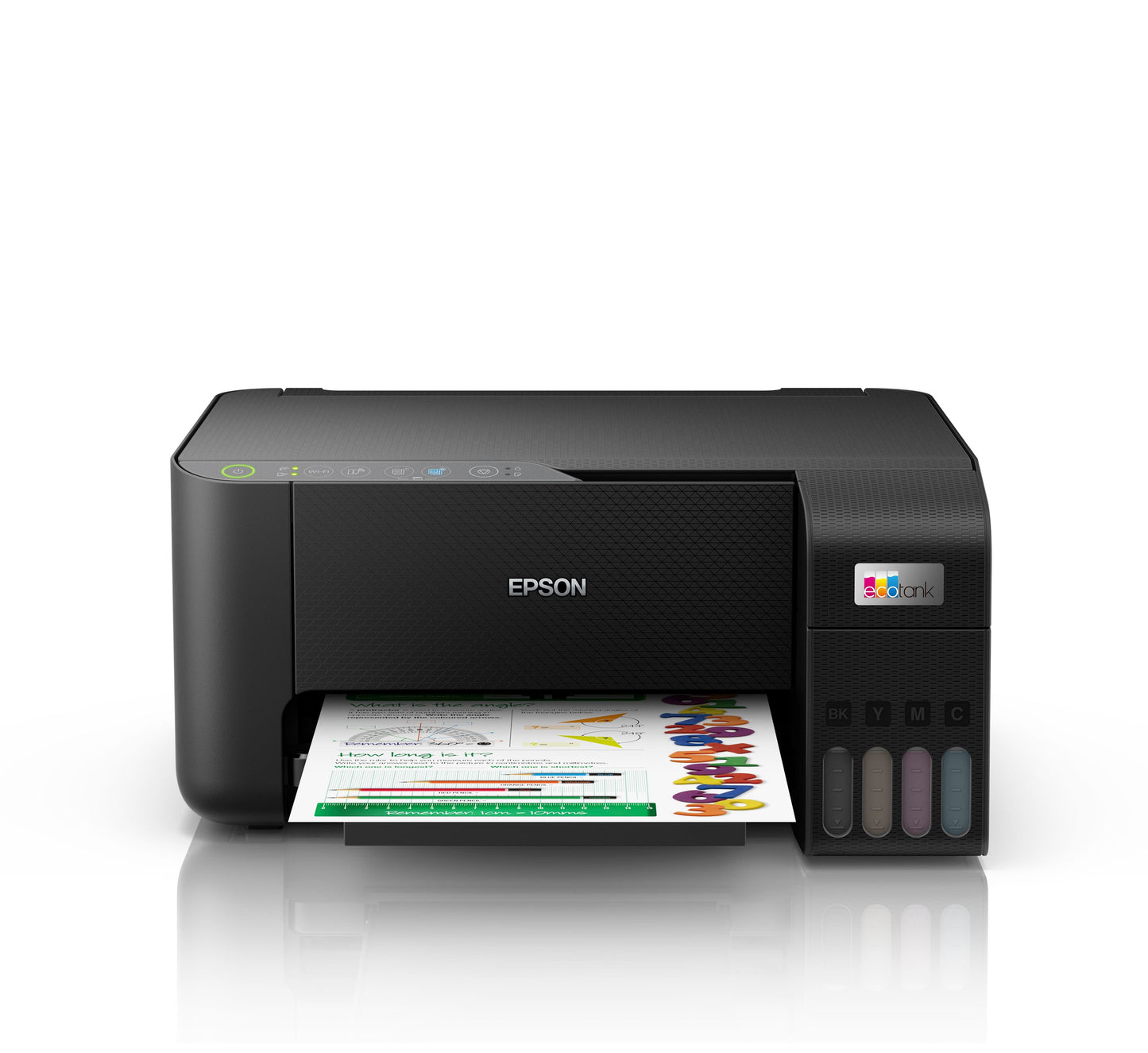 Epson EcoTank L3250 printer with ink bottles shown