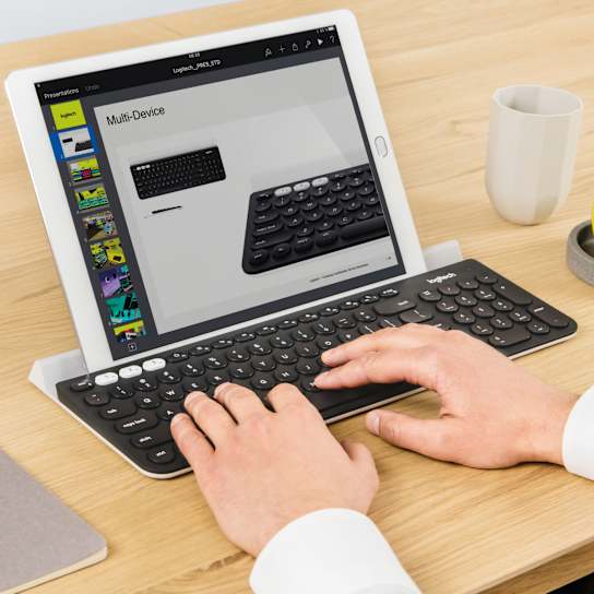Logitech K780 keyboard lifestyle shot on desk